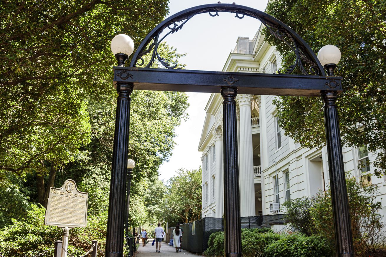 Athens, Georgia, University of Georgia school campus, North Campus Quad, wrought iron entrance gate