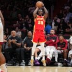 Atlanta Hawks guard Daeqwon Plowden (29) takes a three-point shot